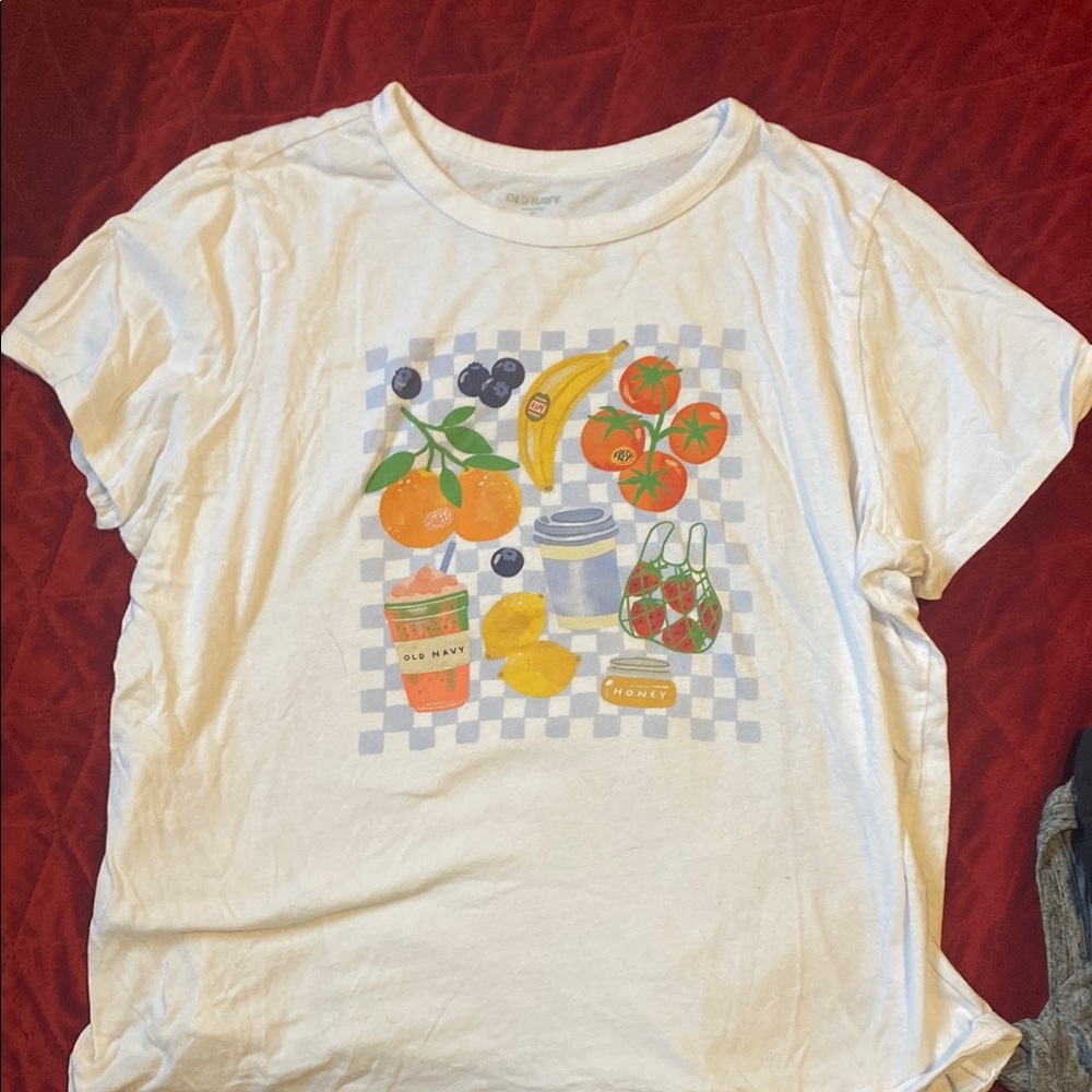 Old Navy White Tee with Fruit and Beverage Print